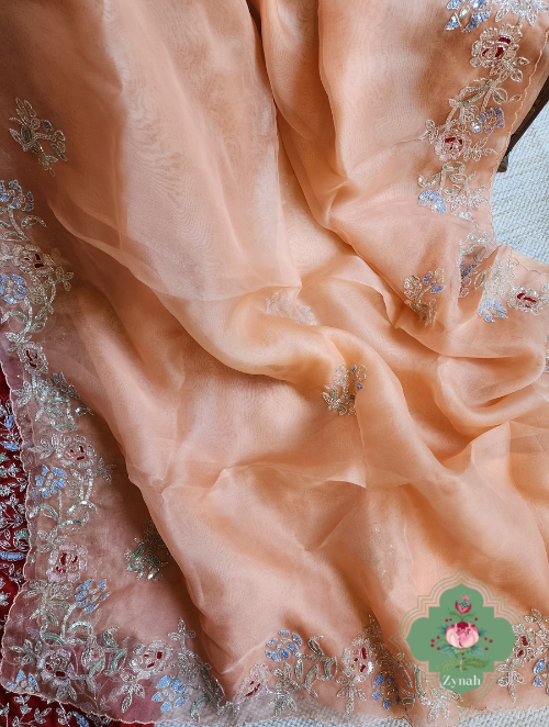 Zynah Peach Organza Silk Saree With Cutdana & Sequins Handwork; Custom Stitched/Ready-made Blouse, Fall, Petticoat; SKU: 1703202302