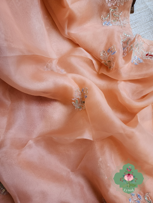 Zynah Peach Organza Silk Saree With Cutdana & Sequins Handwork; Custom Stitched/Ready-made Blouse, Fall, Petticoat; SKU: 1703202302