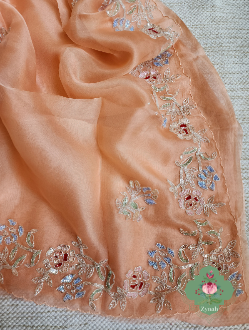 Zynah Peach Organza Silk Saree With Cutdana & Sequins Handwork; Custom Stitched/Ready-made Blouse, Fall, Petticoat; SKU: 1703202302