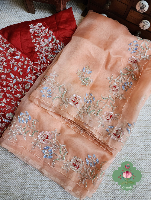 Zynah Peach Organza Silk Saree With Cutdana & Sequins Handwork; Custom Stitched/Ready-made Blouse, Fall, Petticoat; SKU: 1703202302