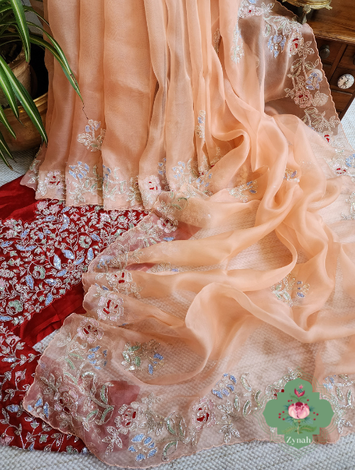 Zynah Peach Organza Silk Saree With Cutdana & Sequins Handwork; Custom Stitched/Ready-made Blouse, Fall, Petticoat; SKU: 1703202302