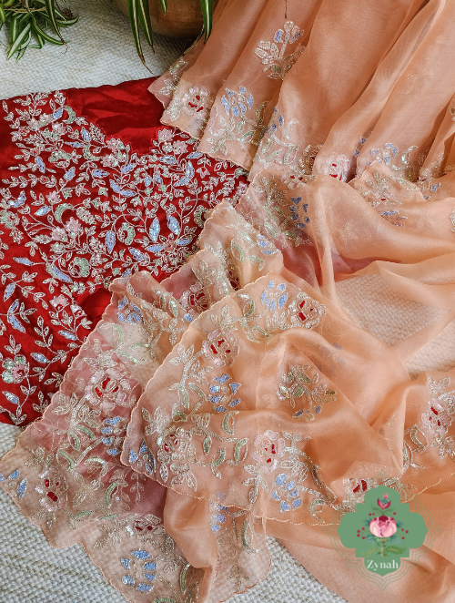 Zynah Peach Organza Silk Saree With Cutdana & Sequins Handwork; Custom Stitched/Ready-made Blouse, Fall, Petticoat; SKU: 1703202302