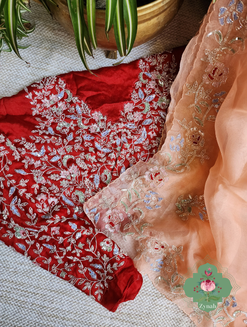 Zynah Peach Organza Silk Saree With Cutdana & Sequins Handwork; Custom Stitched/Ready-made Blouse, Fall, Petticoat; SKU: 1703202302