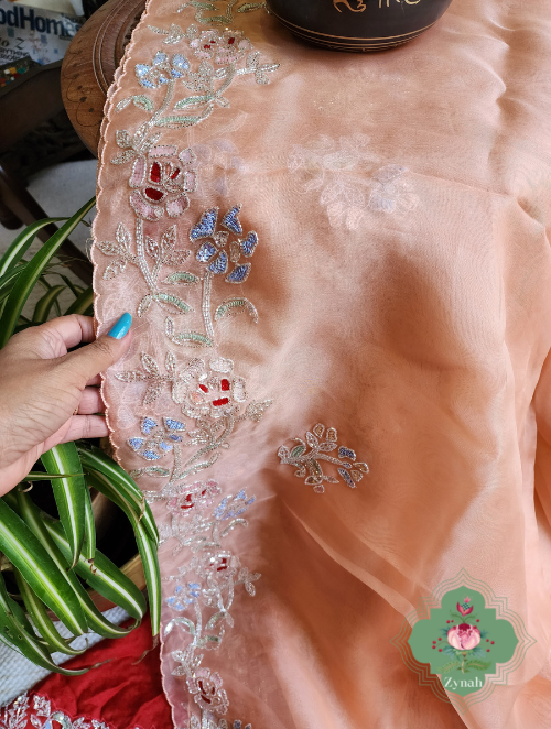 Zynah Peach Organza Silk Saree With Cutdana & Sequins Handwork; Custom Stitched/Ready-made Blouse, Fall, Petticoat; SKU: 1703202302
