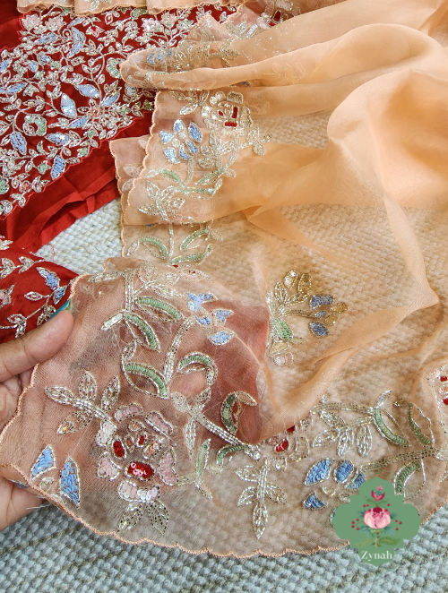 Zynah Peach Organza Silk Saree With Cutdana & Sequins Handwork; Custom Stitched/Ready-made Blouse, Fall, Petticoat; SKU: 1703202302