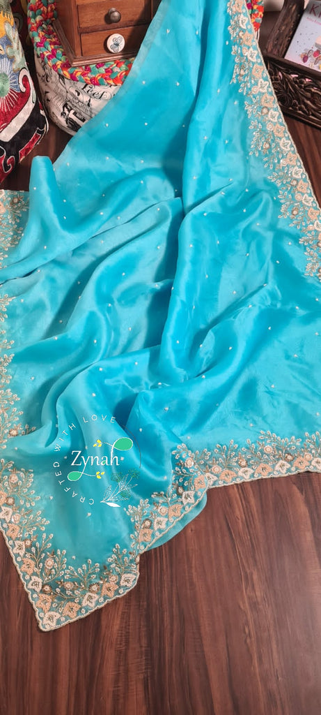 Zynah Organza Silk Saree with Pearls, Sequence, & Beads Work; Custom Stitched/Ready-made Blouse, Fall, Petticoat; Shipping available USA, Worldwide