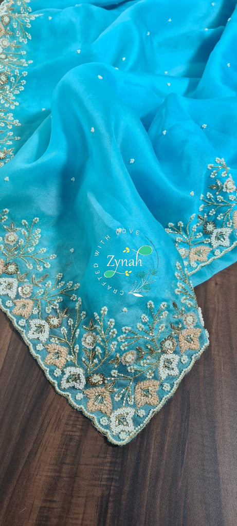 Zynah Organza Silk Saree with Pearls, Sequence, & Beads Work; Custom Stitched/Ready-made Blouse, Fall, Petticoat; Shipping available USA, Worldwide