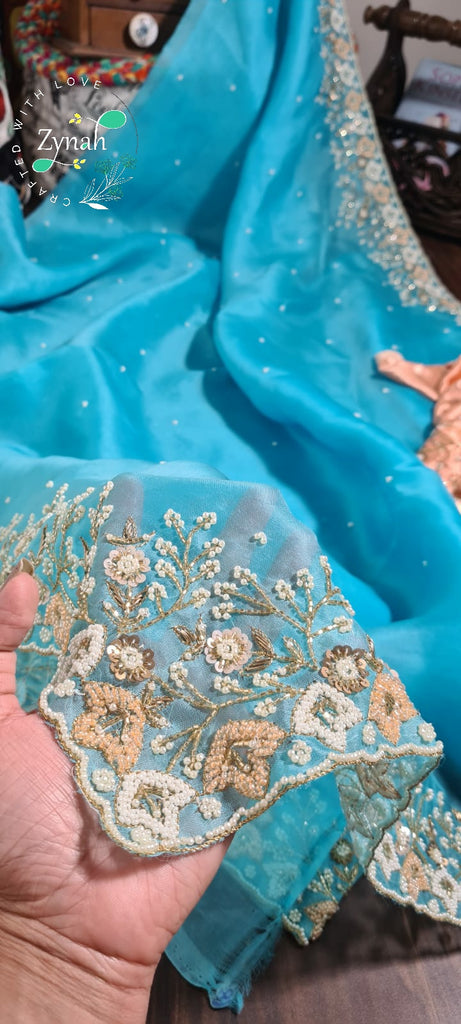 Zynah Organza Silk Saree with Pearls, Sequence, & Beads Work; Custom Stitched/Ready-made Blouse, Fall, Petticoat; Shipping available USA, Worldwide