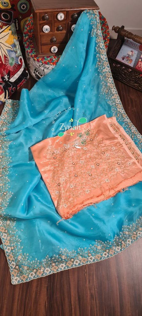 Zynah Organza Silk Saree with Pearls, Sequence, & Beads Work; Custom Stitched/Ready-made Blouse, Fall, Petticoat; Shipping available USA, Worldwide