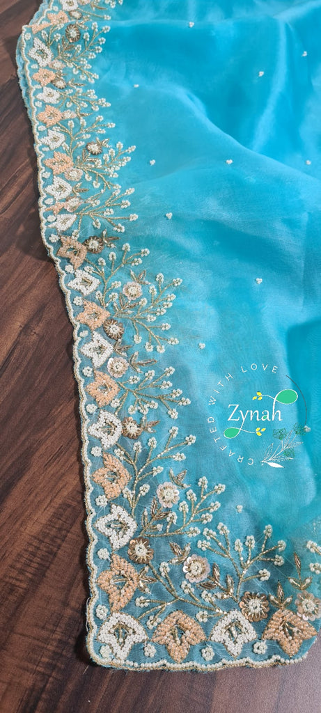 Zynah Organza Silk Saree with Pearls, Sequence, & Beads Work; Custom Stitched/Ready-made Blouse, Fall, Petticoat; Shipping available USA, Worldwide