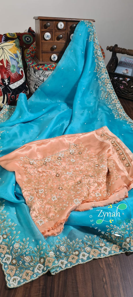 Zynah Organza Silk Saree with Pearls, Sequence, & Beads Work; Custom Stitched/Ready-made Blouse, Fall, Petticoat; Shipping available USA, Worldwide