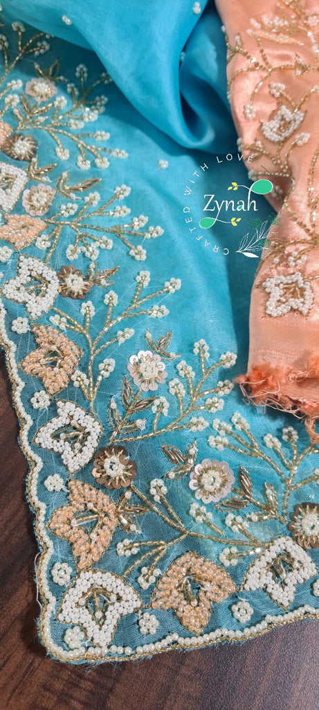 Zynah Organza Silk Saree with Pearls, Sequence, & Beads Work; Custom Stitched/Ready-made Blouse, Fall, Petticoat; Shipping available USA, Worldwide