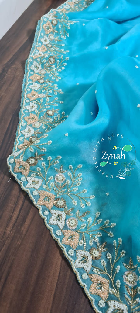 Zynah Organza Silk Saree with Pearls, Sequence, & Beads Work; Custom Stitched/Ready-made Blouse, Fall, Petticoat; Shipping available USA, Worldwide
