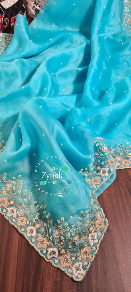 Zynah Organza Silk Saree with Pearls, Sequence, & Beads Work; Custom Stitched/Ready-made Blouse, Fall, Petticoat; Shipping available USA, Worldwide