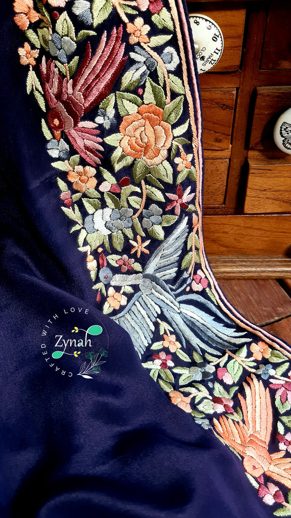 Zynah Made to Order Pure Crepe Silk Parsi Gara Handcrafted Saree; Custom Stitched/Ready-made Blouse, Fall, Petticoat; Shipping available USA, Worldwide