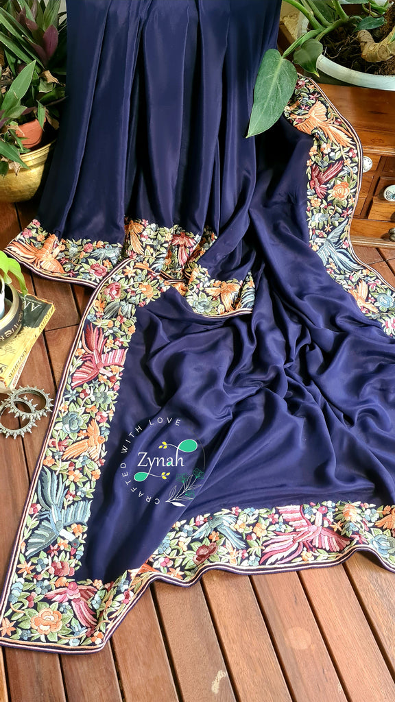 Zynah Made to Order Pure Crepe Silk Parsi Gara Handcrafted Saree; Custom Stitched/Ready-made Blouse, Fall, Petticoat; Shipping available USA, Worldwide