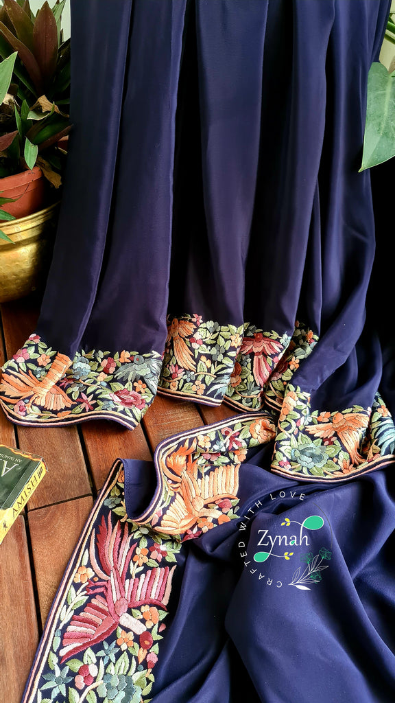 Zynah Made to Order Pure Crepe Silk Parsi Gara Handcrafted Saree; Custom Stitched/Ready-made Blouse, Fall, Petticoat; Shipping available USA, Worldwide