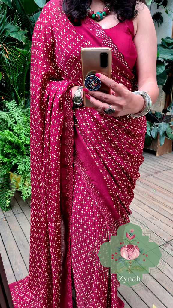 Zynah Maroon Wrinkle Crepe Silk Saree with Bandhani Inspired Prints & Mirror Work Scalloped Borders; Custom Stitched/Ready-made Blouse, Fall, Petticoat; SKU: 0202202303