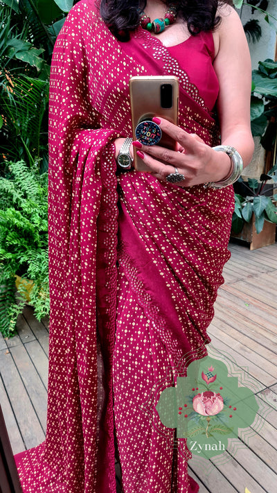 Zynah Maroon Wrinkle Crepe Silk Saree with Bandhani Inspired Prints & Mirror Work Scalloped Borders; Custom Stitched/Ready-made Blouse, Fall, Petticoat; SKU: 0202202303
