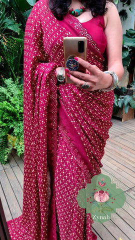 Zynah Maroon Wrinkle Crepe Silk Saree with Bandhani Inspired Prints & Mirror Work Scalloped Borders; Custom Stitched/Ready-made Blouse, Fall, Petticoat; SKU: 0202202303
