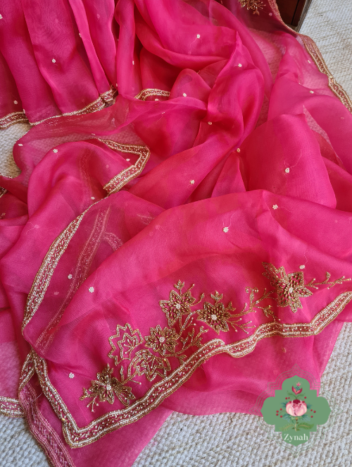 Zynah Hot Pink Pure Organza Silk Saree With Pearl, Cutdana & Sugar Beads Handwork; Custom Stitched/Ready-made Blouse, Fall, Petticoat; SKU: 1402202303