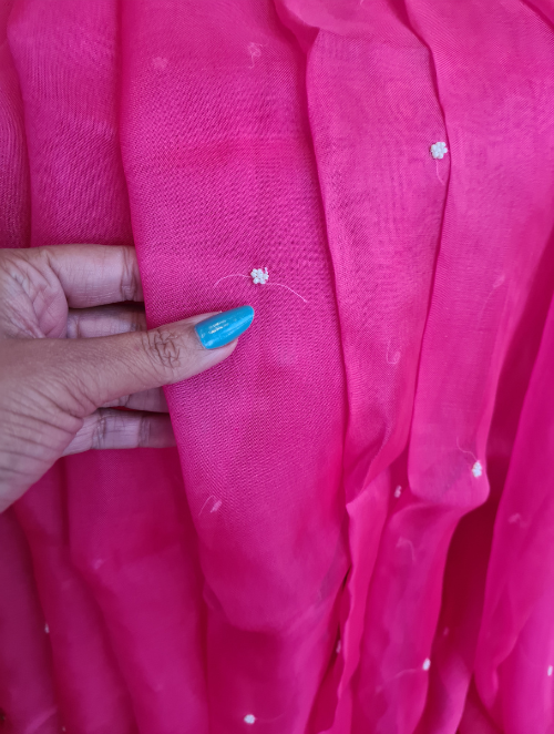 Zynah Hot Pink Pure Organza Silk Saree With Pearl, Cutdana & Sugar Beads Handwork; Custom Stitched/Ready-made Blouse, Fall, Petticoat; SKU: 1402202303