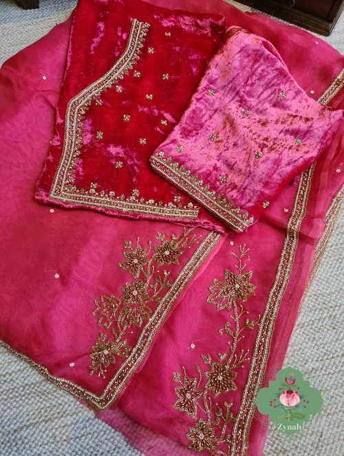 Zynah Hot Pink Pure Organza Silk Saree With Pearl, Cutdana & Sugar Beads Handwork; Custom Stitched/Ready-made Blouse, Fall, Petticoat; SKU: 1402202303