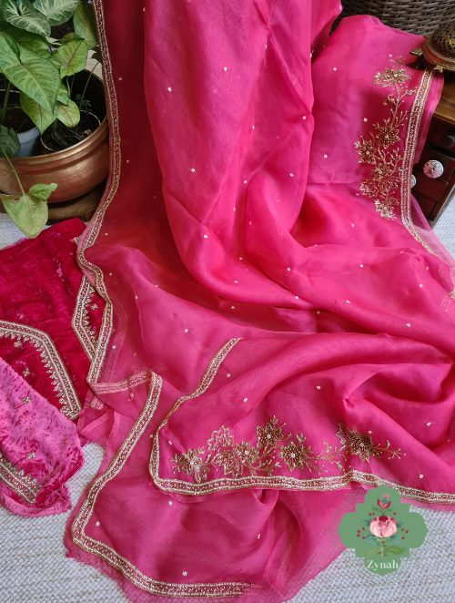 Zynah Hot Pink Pure Organza Silk Saree With Pearl, Cutdana & Sugar Beads Handwork; Custom Stitched/Ready-made Blouse, Fall, Petticoat; SKU: 1402202303