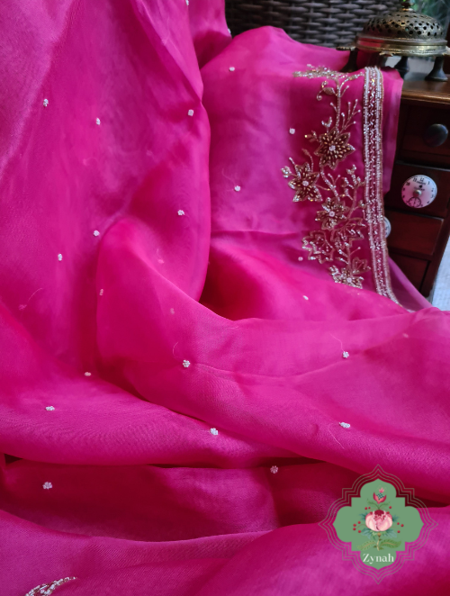 Zynah Hot Pink Pure Organza Silk Saree With Pearl, Cutdana & Sugar Beads Handwork; Custom Stitched/Ready-made Blouse, Fall, Petticoat; SKU: 1402202303
