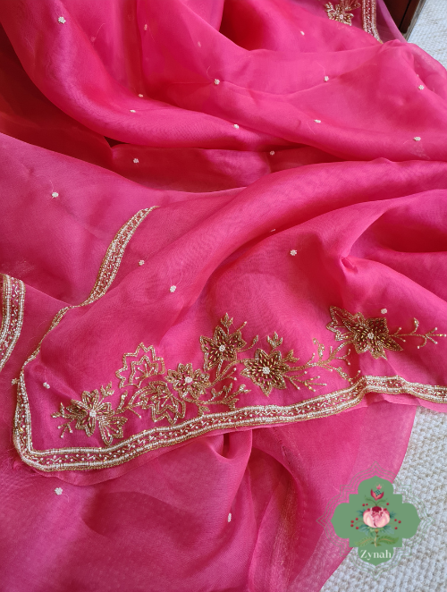 Zynah Hot Pink Pure Organza Silk Saree With Pearl, Cutdana & Sugar Beads Handwork; Custom Stitched/Ready-made Blouse, Fall, Petticoat; SKU: 1402202303