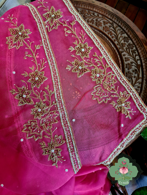 Zynah Hot Pink Pure Organza Silk Saree With Pearl, Cutdana & Sugar Beads Handwork; Custom Stitched/Ready-made Blouse, Fall, Petticoat; SKU: 1402202303