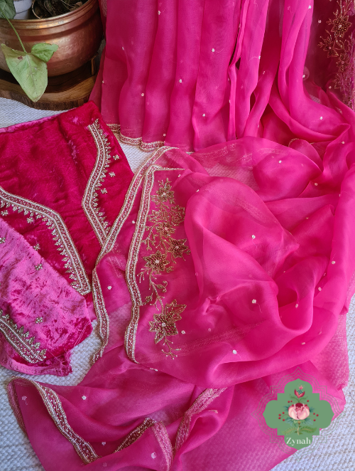 Zynah Hot Pink Pure Organza Silk Saree With Pearl, Cutdana & Sugar Beads Handwork; Custom Stitched/Ready-made Blouse, Fall, Petticoat; SKU: 1402202303