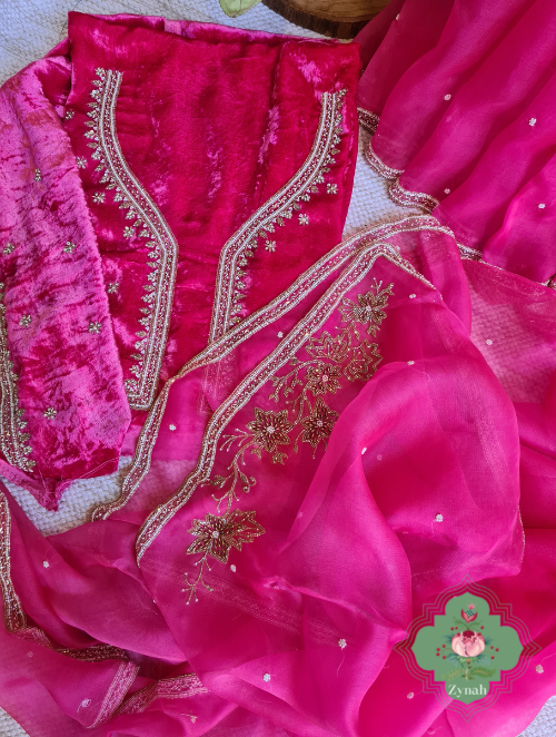 Zynah Hot Pink Pure Organza Silk Saree With Pearl, Cutdana & Sugar Beads Handwork; Custom Stitched/Ready-made Blouse, Fall, Petticoat; SKU: 1402202303