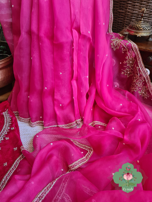 Zynah Hot Pink Pure Organza Silk Saree With Pearl, Cutdana & Sugar Beads Handwork; Custom Stitched/Ready-made Blouse, Fall, Petticoat; SKU: 1402202303