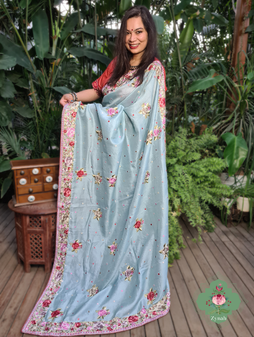 Zynah Made to Order Powder Blue Pure Tussar Silk Parsi Gara Hand Embroidered Saree; Custom Stitched/Ready-made Blouse, Fall, Petticoat; SKU: 3003202302