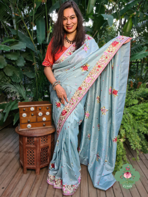Zynah Made to Order Powder Blue Pure Tussar Silk Parsi Gara Hand Embroidered Saree; Custom Stitched/Ready-made Blouse, Fall, Petticoat; SKU: 3003202302