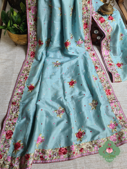 Zynah Made to Order Powder Blue Pure Tussar Silk Parsi Gara Hand Embroidered Saree; Custom Stitched/Ready-made Blouse, Fall, Petticoat; SKU: 3003202302