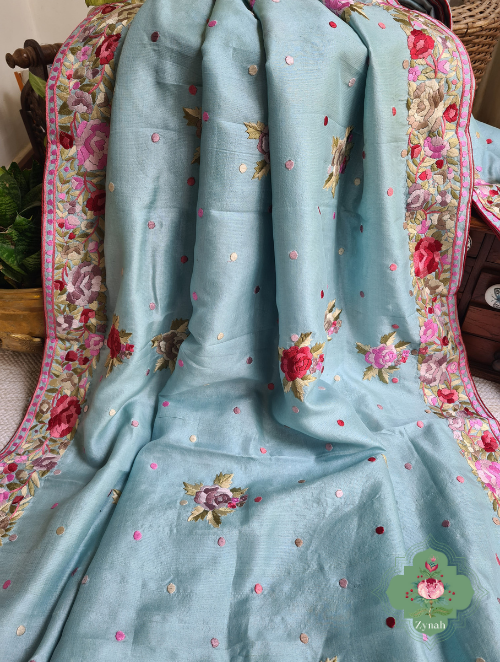 Zynah Made to Order Powder Blue Pure Tussar Silk Parsi Gara Hand Embroidered Saree; Custom Stitched/Ready-made Blouse, Fall, Petticoat; SKU: 3003202302