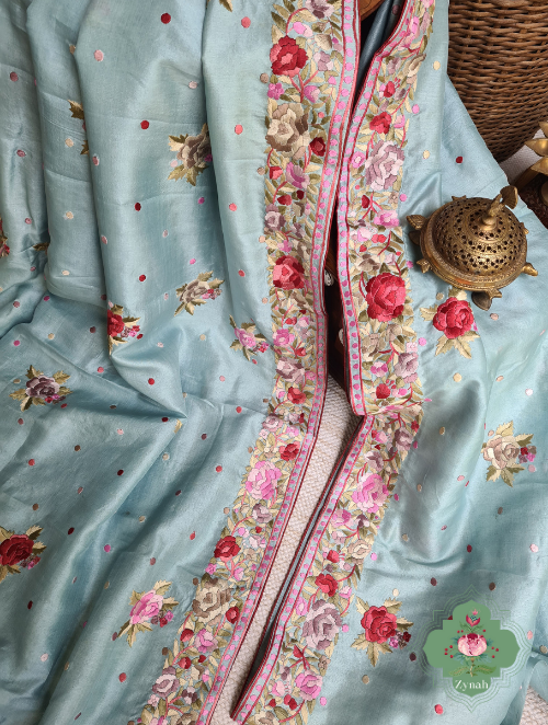 Zynah Made to Order Powder Blue Pure Tussar Silk Parsi Gara Hand Embroidered Saree; Custom Stitched/Ready-made Blouse, Fall, Petticoat; SKU: 3003202302