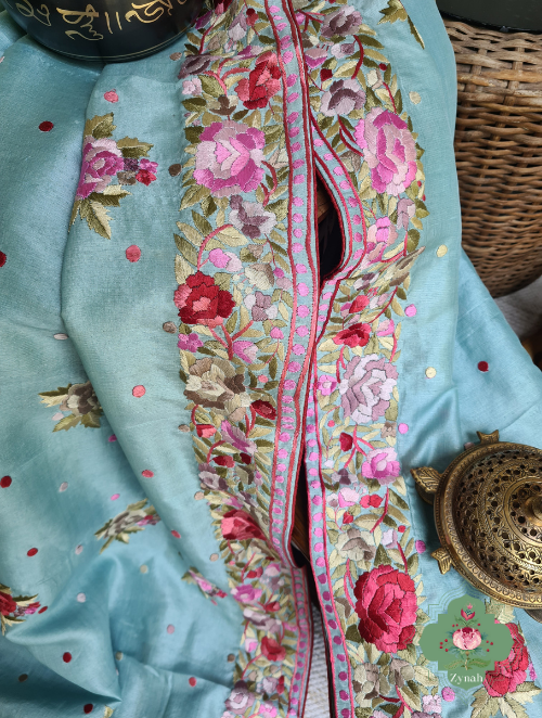 Zynah Made to Order Powder Blue Pure Tussar Silk Parsi Gara Hand Embroidered Saree; Custom Stitched/Ready-made Blouse, Fall, Petticoat; SKU: 3003202302