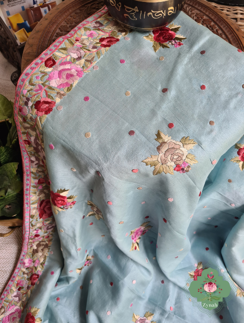 Zynah Made to Order Powder Blue Pure Tussar Silk Parsi Gara Hand Embroidered Saree; Custom Stitched/Ready-made Blouse, Fall, Petticoat; SKU: 3003202302