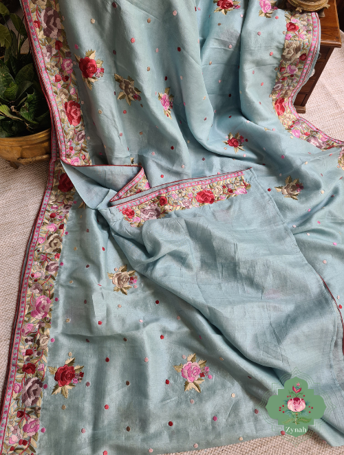 Zynah Made to Order Powder Blue Pure Tussar Silk Parsi Gara Hand Embroidered Saree; Custom Stitched/Ready-made Blouse, Fall, Petticoat; SKU: 3003202302