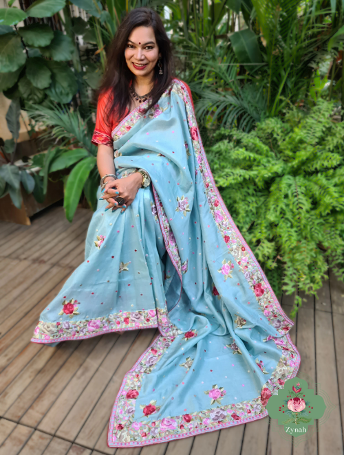 Zynah Made to Order Powder Blue Pure Tussar Silk Parsi Gara Hand Embroidered Saree; Custom Stitched/Ready-made Blouse, Fall, Petticoat; SKU: 3003202302