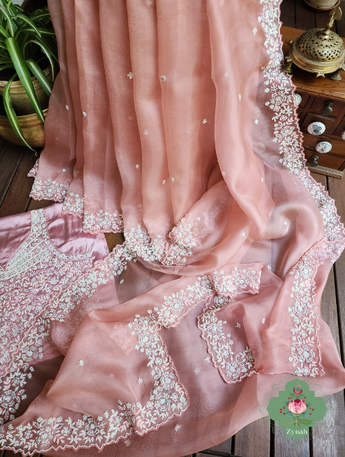Zynah Powder Pink Pure Organza Silk Saree with Sequence, Pearls & Cut-dana Work; Custom Stitched/Ready-made Blouse, Fall, Petticoat; SKU: 0404202303