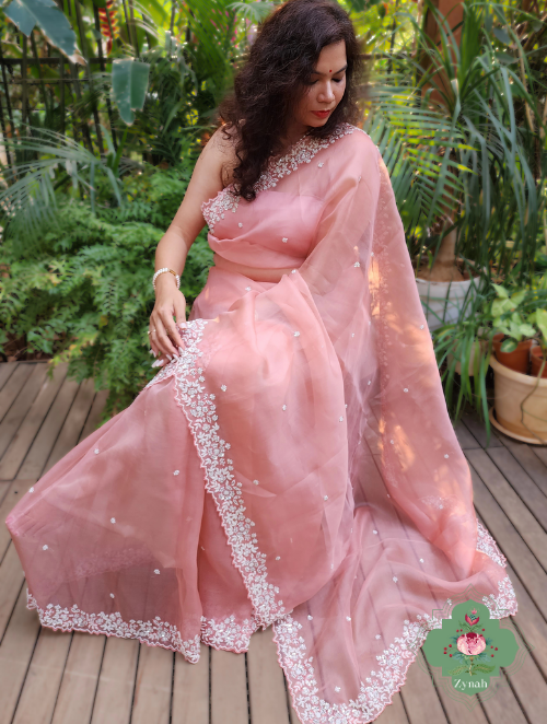 Zynah Powder Pink Pure Organza Silk Saree with Sequence, Pearls & Cut-dana Work; Custom Stitched/Ready-made Blouse, Fall, Petticoat; SKU: 0404202303