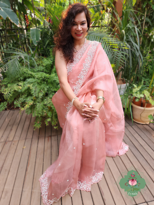 Zynah Powder Pink Pure Organza Silk Saree with Sequence, Pearls & Cut-dana Work; Custom Stitched/Ready-made Blouse, Fall, Petticoat; SKU: 0404202303