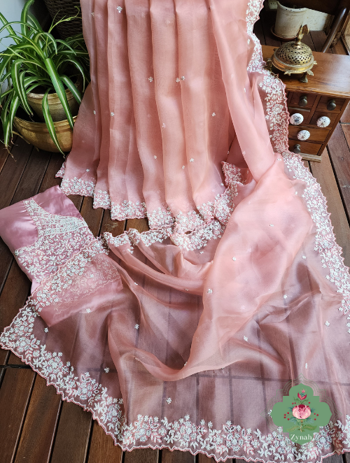 Zynah Powder Pink Pure Organza Silk Saree with Sequence, Pearls & Cut-dana Work; Custom Stitched/Ready-made Blouse, Fall, Petticoat; SKU: 0404202303