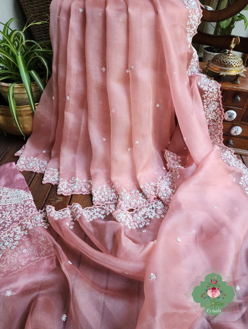 Zynah Powder Pink Pure Organza Silk Saree with Sequence, Pearls & Cut-dana Work; Custom Stitched/Ready-made Blouse, Fall, Petticoat; SKU: 0404202303