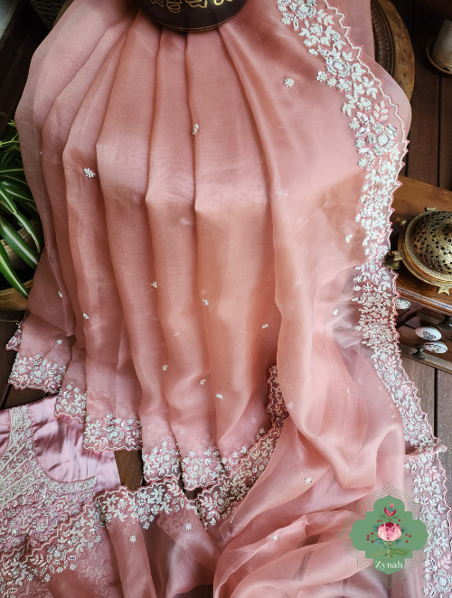 Zynah Powder Pink Pure Organza Silk Saree with Sequence, Pearls & Cut-dana Work; Custom Stitched/Ready-made Blouse, Fall, Petticoat; SKU: 0404202303