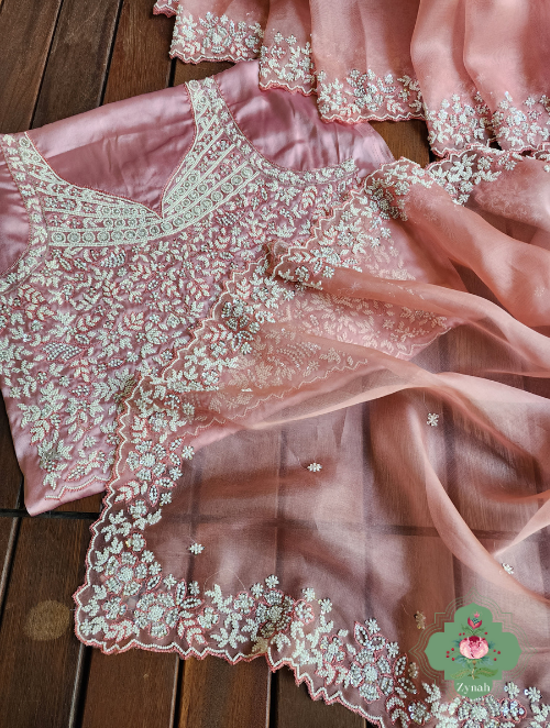 Zynah Powder Pink Pure Organza Silk Saree with Sequence, Pearls & Cut-dana Work; Custom Stitched/Ready-made Blouse, Fall, Petticoat; SKU: 0404202303